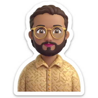 portrait of a man with short braids, trimmed beard, wearing gold glasses and a beige patterned shirt, 3D emoji style, inspired by the reference photo sticker