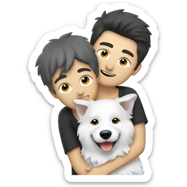 a men with grey and black short hair hugging japanese spitz sticker