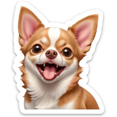 Cinematic Cute Yawning Red/White Short Haired Chihuahua Portrait Emoji, Head tilted slightly with a dramatic, wide-open yawn, soft red and white fur with a smooth texture, floppy ears slightly drooping, round dark eyes barely open in drowsy contentment, Simplified yet irresistibly adorable features, highly detailed, glowing with a soft, cozy glow, high shine, relaxed yet expressive, stylized with a touch of whimsy, bright and endearing, soft glowing outline, capturing the essence of a sleepy yet affectionate pup, so drowsy it feels like it could stretch right out of the screen and curl up for a nap! sticker