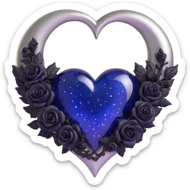 gothic heart made of midnight blue glass with a silver crescent moon, tiny black roses, shimmering stardust, cracked glass texture sticker