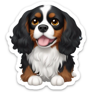 A small Cavalier King Charles Spaniel mix with black, wavy fur, white markings on the chest and muzzle, expressive eyes, and a fluffy tail. sticker
