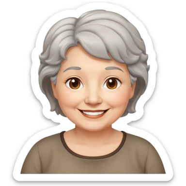 Bà lão 60 tuổi, da vàng, mặt bầu bĩnh, tóc ngắn màu bạc, tóc hơi xoăn, mặt cười tươi vui vẻ, áo nâu sticker
