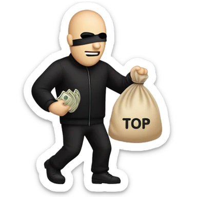 Thief wearing all black clothes actively stealing a beige money bag with the words Top Tier embroidered on it sticker