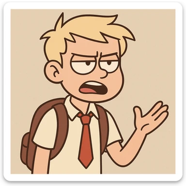 school student guy, light hair, annoyed and displeased expression, talking, simple flat toon style sticker