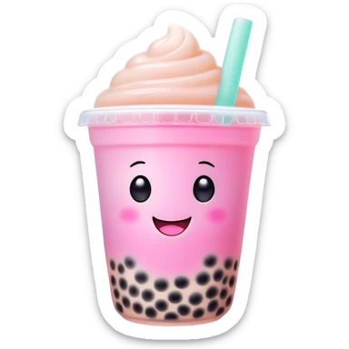 Cinematic pastel-colored bubble tea, chubby cup with a smiling face, tiny black tapioca pearls peeking out, soft glowing background, playful and adorable. sticker