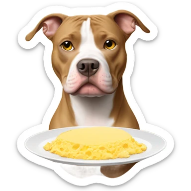 Tan pitbull holding a plate of scrambled eggs sticker