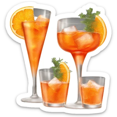 An Aperol spritz in a glass with three ice cubes, one slice of an orange, and one strand of thyme in it sticker