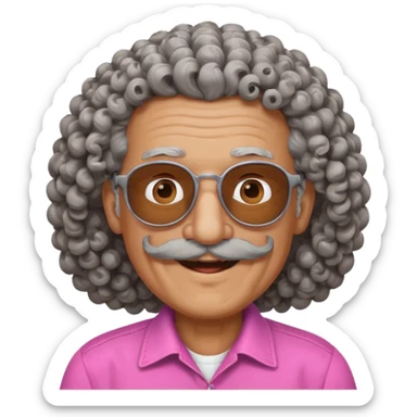 old guy with very curly hair and brown shades and big  pink mustache sticker