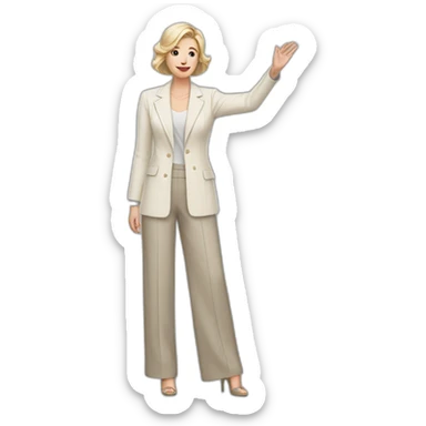 Full height Actively gesturing with hands pale skin woman with ash blonde Straightened bob Hair, White Spacious classical jacket, beige palazzo Arrow pants and gray blouse sticker
