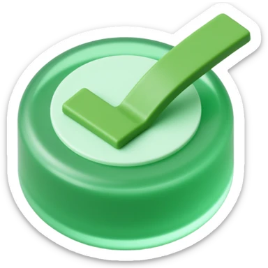 green checkmark button with glassy effect and subtle 3D depth, skeuomorphism icon style sticker