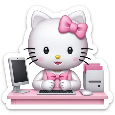 Hello Kitty working at office desk with computer sticker