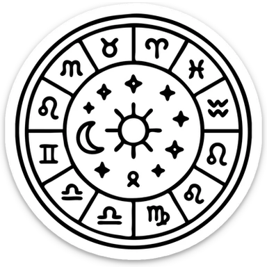 vintage astrology natal chart icon with intricate celestial symbols, mystical, ornate, zodiac constellations, outline style sticker