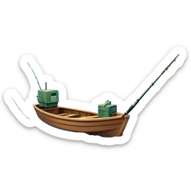 Icon for Fishing Travel: a boat on a calm lake surrounded by mountains and lush greenery, with fish jumping out of the water, a fishing rod, tackle box. The icon should capture the peaceful and adventurous nature of fishing trips. Transparent background. sticker
