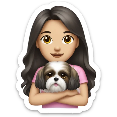 A girl with long dark hair and on her left shoulder and neck is a cute female shih tzu with pink bow sticker