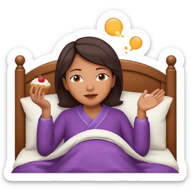 A middle-aged Asian woman lying in bed, unable to sleep thinking of dessert sticker