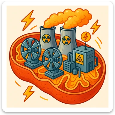 only mitochondria-nuclear power plant: turbines, reactors, energy symbols, no organs or foreign elements, illustrative style, vibrant colors, light background sticker