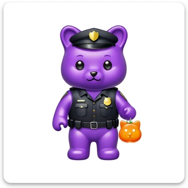 a purple shiny gummy bear with a black police vest that has a patch that says J. Johnathan on it. It also has black cat ears on its head and a smaller orange gummy bear on its shoulder sticker