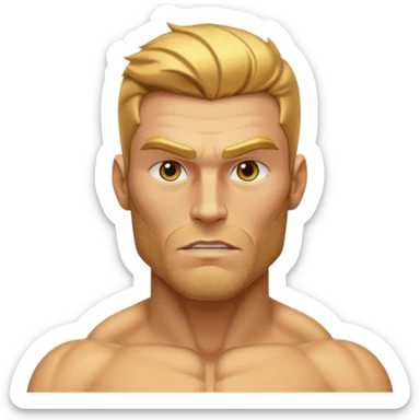 A hyper-realistic, fully golden Gigachad with reflective 24k gold skin, sharp chiseled jaw, golden stubble, blank eyes, and one raised eyebrow. He is shown from the chest up, facing front, with a shiny, muscular physique resembling the Silver Surfer in gold sticker