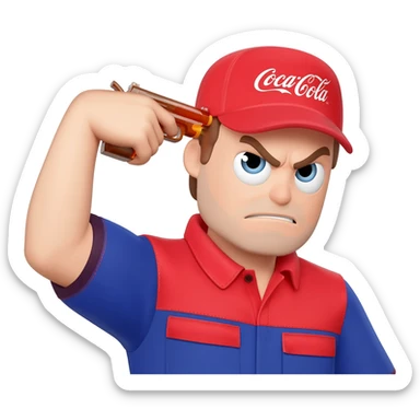 grumpy coca-cola employee with a toy gun pointing to his head sticker