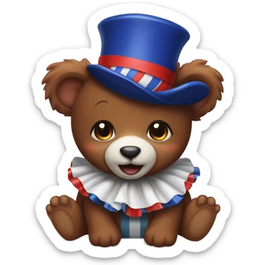 Brown baby bear. Wearing jester collar and a clown hat. The clown accessories are Red, Navy, And white. sticker