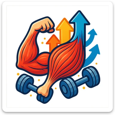 progressive overload on a muscle, modern illustrative style, muscle growing and strengthening, ascending arrows, weights or dumbbells, vivid colors, positive atmosphere, anatomical details, white background sticker