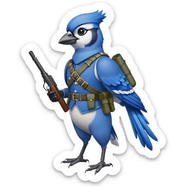 A bluejay bombadier, grenadier, military uniform, bandolier of grenades, bombs, side profile, feet included  sticker