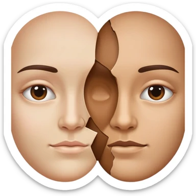 face split into two halves, one half realistic, other half art style sticker