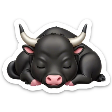 Meme-Worthy Cute Sleeping Black Bull Portrait Emoji, Head resting peacefully with a contented smile, showcasing a robust, massive build and a luxuriously soft pure black hide, eyes shut in a serene, restful nap, Simplified yet hilariously adorable features, highly detailed, glowing with a soft, drowsy light, high shine, relaxed and utterly lovable, stylized with an air of playful laziness, bright and heartwarming, soft glowing outline, capturing the essence of a comically sleepy guardian, so meme-worthy it feels like it could instantly become the next viral sensation of adorable slumber! sticker