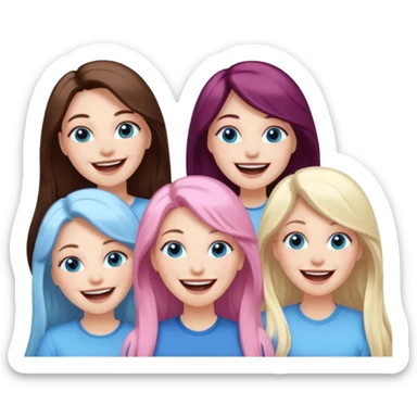 four adult white women laughing and smiling.  Two have long dark brown hair.  One has long pale pink hair and blue eyes. one has with blue eyes and light blonde hair. sticker