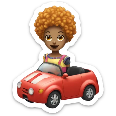 girl with curly hair that is dressed a clown with a clown nose driving small car sticker