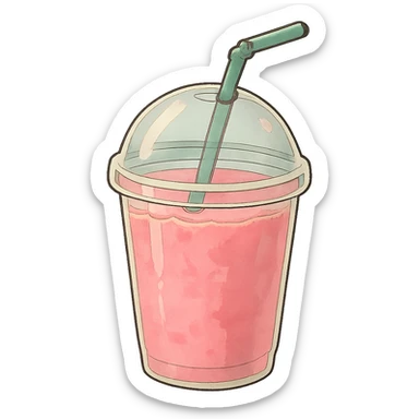ghibli style pink beverage with a straw sticker