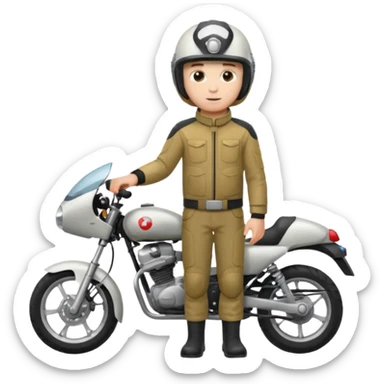 A boy stand with Motorbike sticker