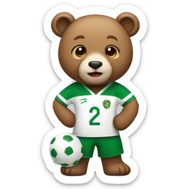 Cute bear wearing a green and white soccer jersey sticker