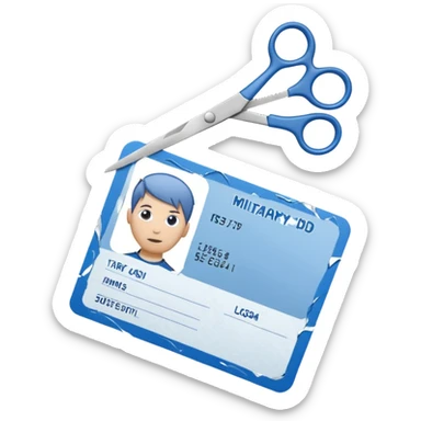 Scissors cutting military ID card in the middle front view sticker