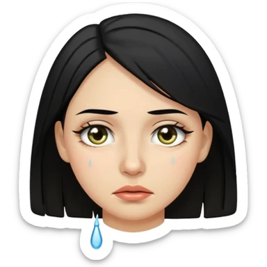 A woman in her late 20s with black hair with tears in her eyes and a look of hunger sticker