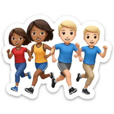 group of kids running with a teacher and a computer sticker