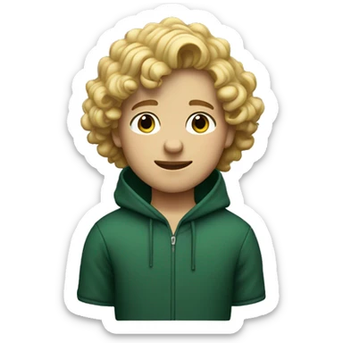 A boy with middle-lenght curly blonde hair wearing a dark green hoodie  sticker