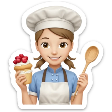 Young female pastry chef - ponytail, apron, wearing a white hat, holding a cream piping bag sticker