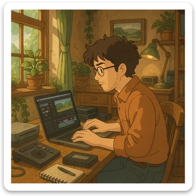 a man sitting at a table editing videos, ghibli style sticker