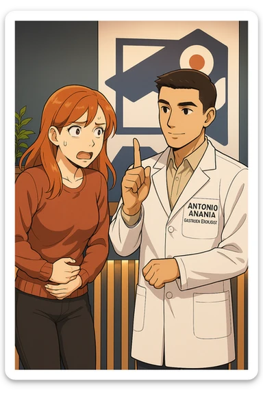 su questo stile fai un manga/webtoon a colori in cui una donna PREOCCUPATA FA UNA DOMANDA ALL'UOMO, l'uomo della foto in stile manga LE DICE DI "NO" CON IL DITO, mantieni un ambiente simile alla foto che ho allegato con il suo logo (sarebbe il suo studio, lui è un kinesiologo), scrivigli "ANTONIO ANANIA" sul camice bianco, non mettere fumetti, ma fai in modo che sembri che la donna CHIEDA ALLARMATA E L'UOMO LA TRANQUILLIZZI sticker