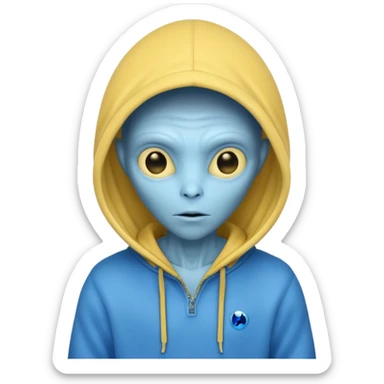 generate a blue alien wearing a yellow hoodie sticker