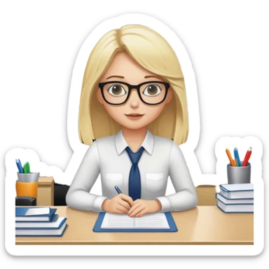 Blonde girl working at her desk in office with glasses sticker