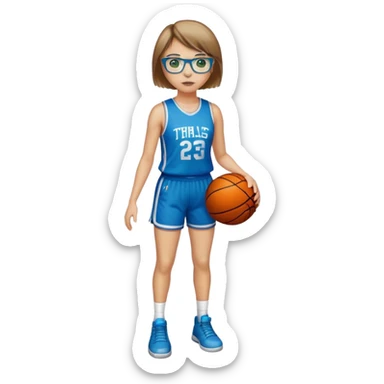 Full Body Girl with basketball real short brown hair with blond highlights wearing blue glasses with green eyes sticker