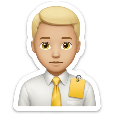 mormon missionary in a white shirt and yellow tie with a black name tag sticker