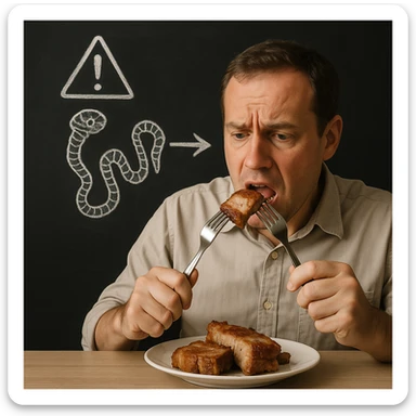 symbolic scene: man eating pork meat, behind him blackboard with drawing of tapeworm and brain connected by arrow, health alert atmosphere, 4K quality sticker