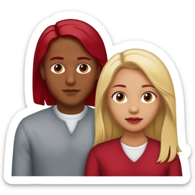 one male medium dark skin tone no hair and one woman light skin tone blonde highlights shoulder length hair and one woman light skin tone deep red long hair sticker