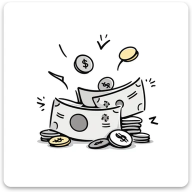 Money, cash, bills and coins in pastel colors (dd9fb0, ffc6d3, a3bfc9, c4bee2, f1b091), hand-drawn doodle style sticker