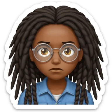 darker skin female with dark dreadlock hair wearing large round glasses saying no sticker