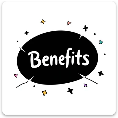 The word "Benefits" hand-drawn in white text with a dark background and just a few colorful accents. Simple doodle style with minimal decoration. sticker