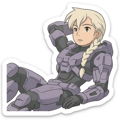 female, wearing reach spartan armor shoulder-unequip, long white braid hair with massive messy front side single bangs, gold yellow eyes, attention pose, HALO:series, no helmet, the armor is lavender color scheme, laying back and relaxing sticker
